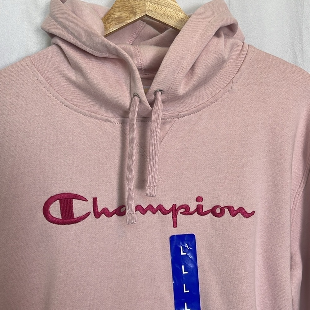 NWT Champion Powerblend Sweatshirt Hoodie Embroidered Script Logo SZ L Hush Pink - Picture 3 of 13